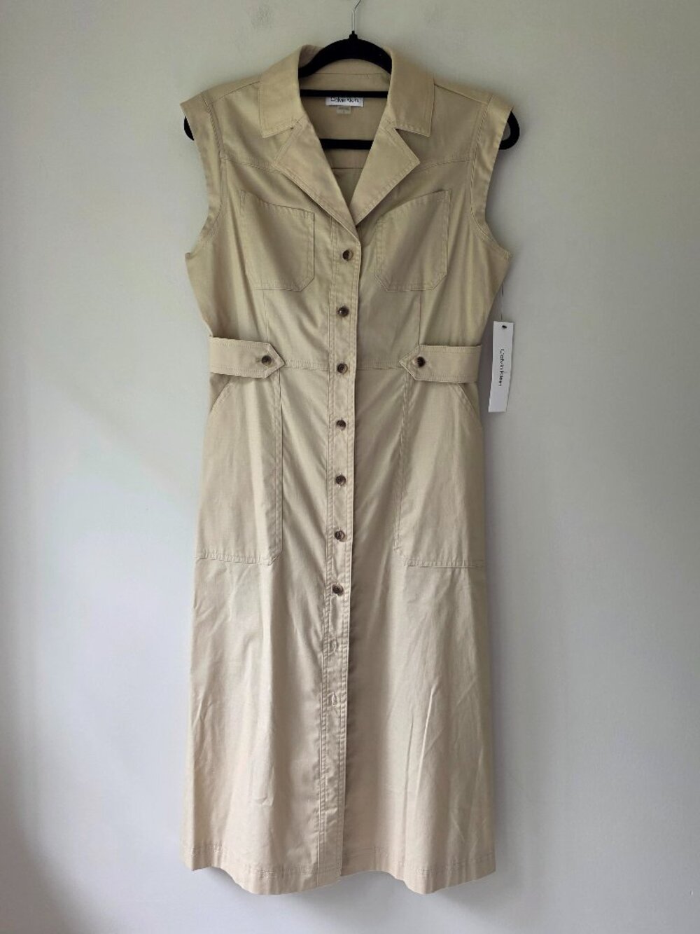 Calvin Klein Sleeveless Button Front Trench Dress | 6 | Khaki Notch Collar NWT